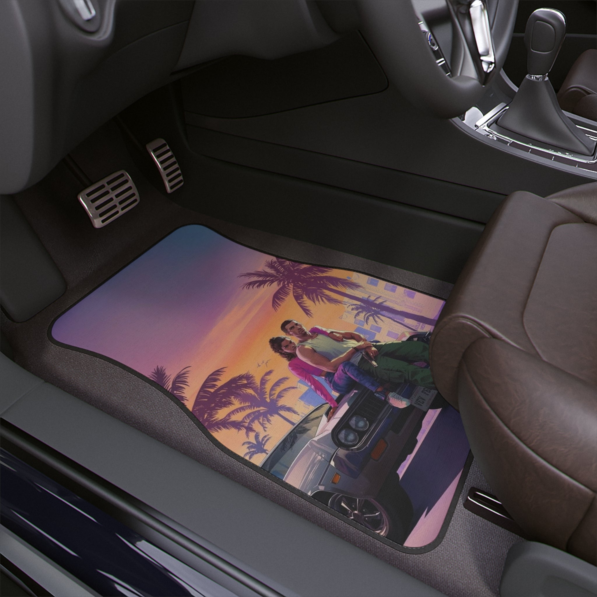 Car Floor Mat — Retro Sunset Palm Beach Design