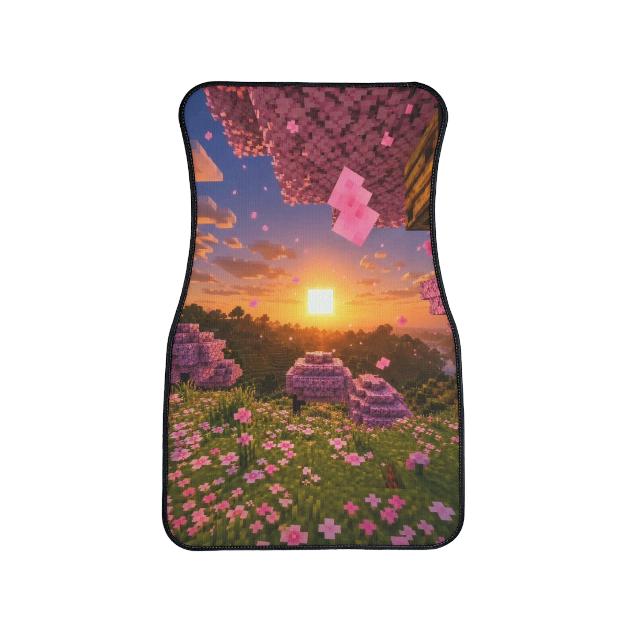 Pixel Sunrise Meadow Car Floor Mat — Retro Block-Style Flower Field