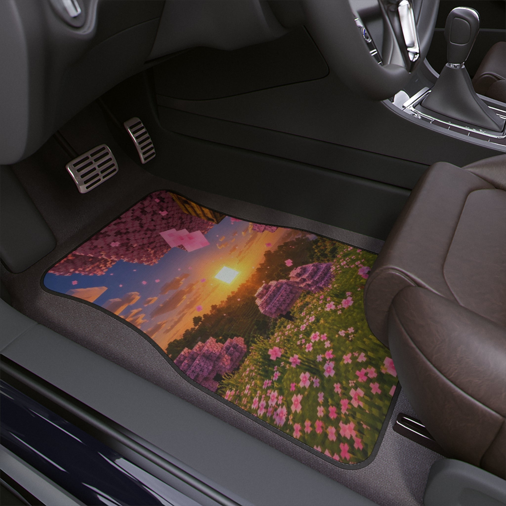 Pixel Sunrise Meadow Car Floor Mat — Retro Block-Style Flower Field
